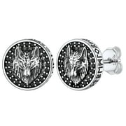 FaithHeart Norse Viking Wolf Stud Earrings for Men S925 Sterling Silver Ear Charms with Black Onyx Vintage Viking Runes Jewelry Gift